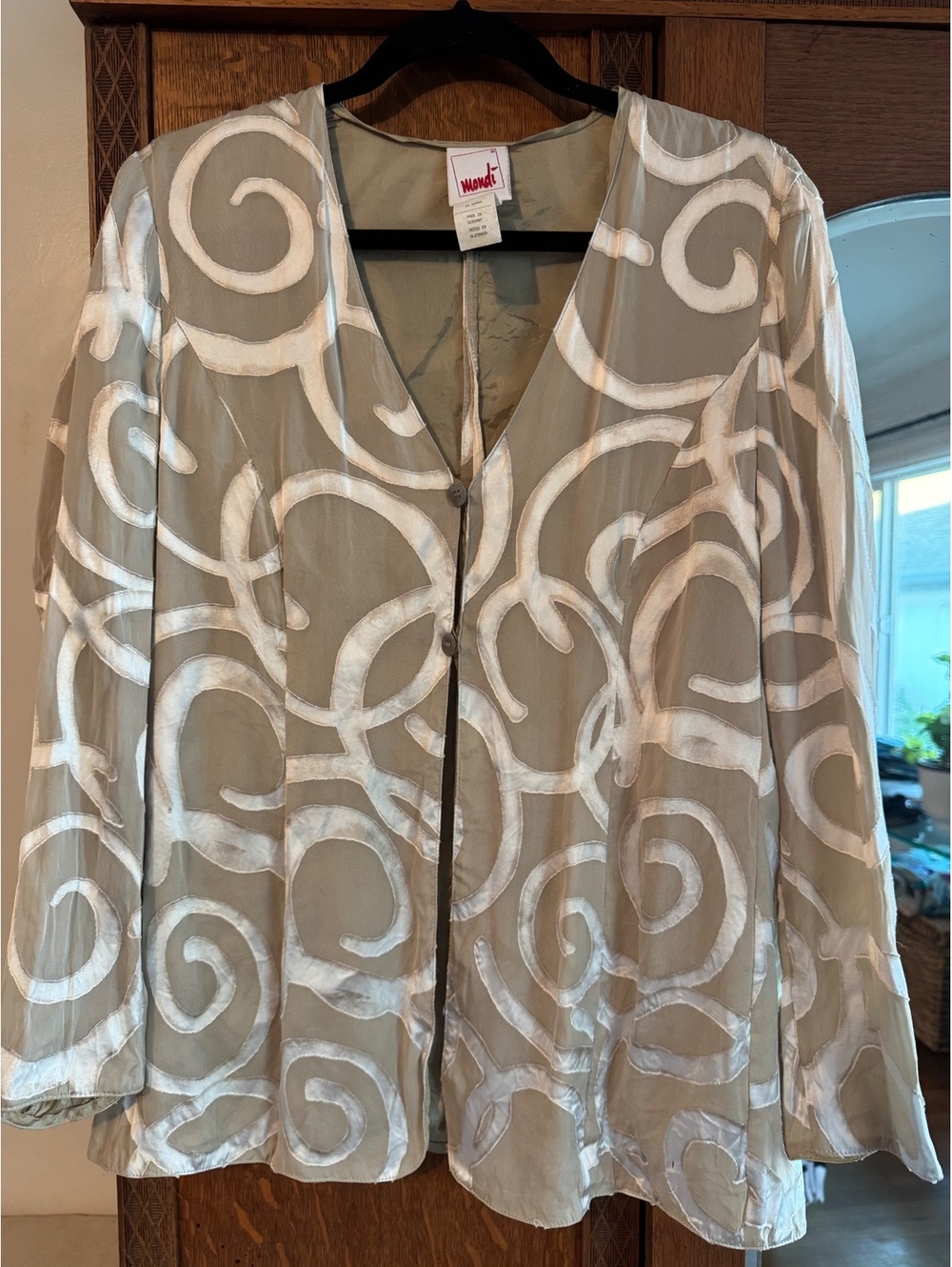 Vintage Mondi Silk Blend Swirl Burnout Button Down Blouse Top Taupe Cream Sz 38
